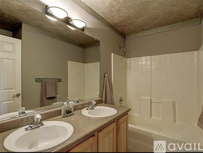 A bathroom with two sinks and a shower.