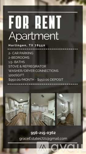 A black and white advertisement for a rental apartment in Harlingen, TX.