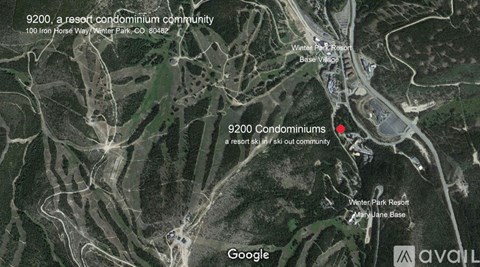 A satellite image shows a resort condominium community at 9200 Iron Horse Way Winter Park, CO 80482.