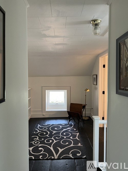 A hallway with a patterned carpet and a window.