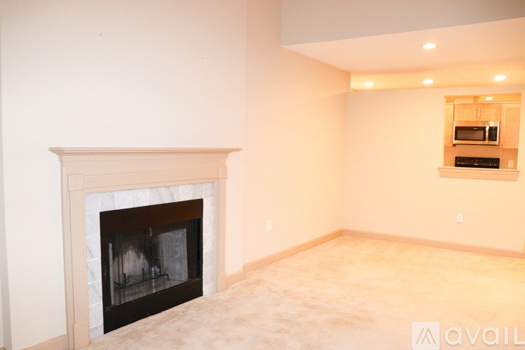 A room with a fireplace and a microwave above it.