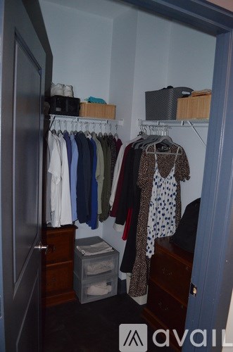 A closet with clothes hanging and drawers underneath.