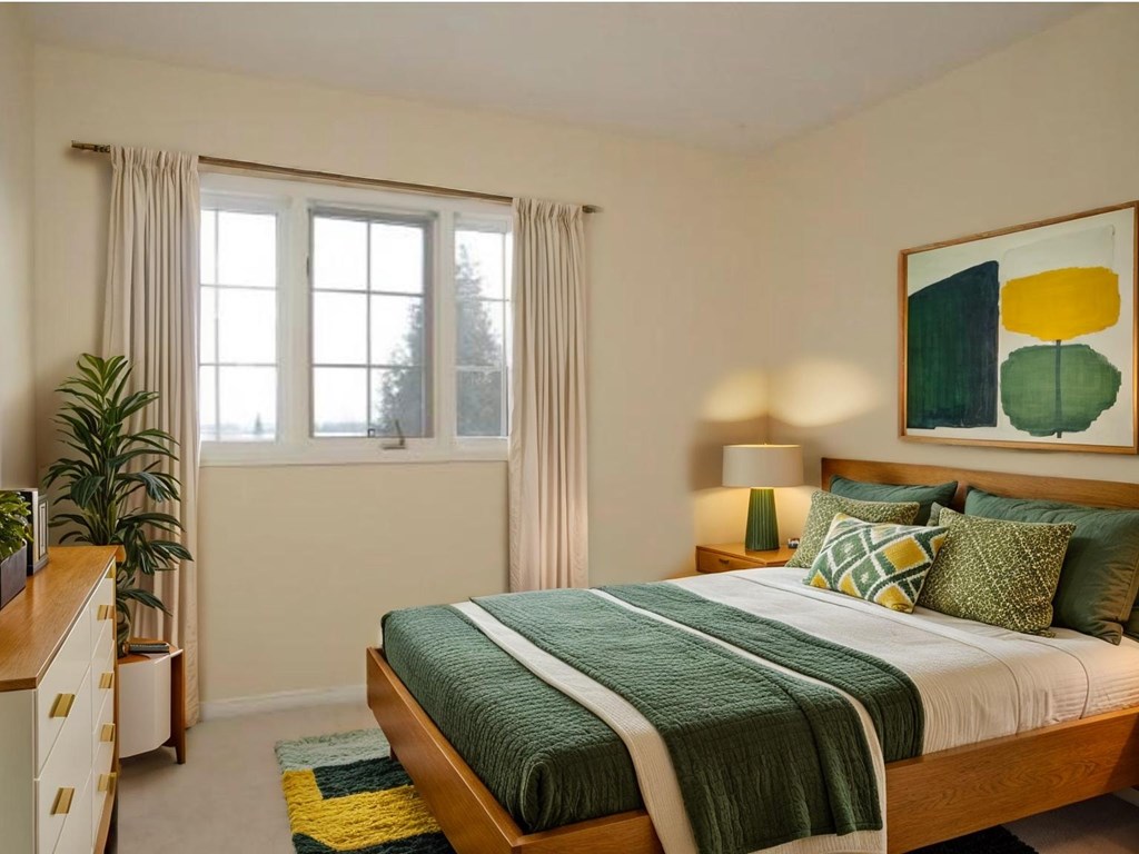 A bedroom with a bed, nightstand, and a painting on the wall.