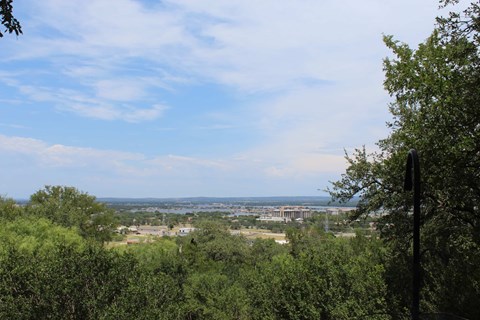 A view of a landscape with trees and buildings in the distance.