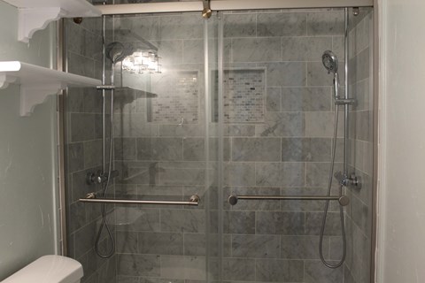 A shower with a glass door and a glass wall.