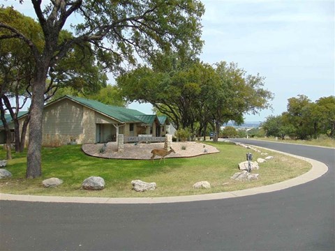 A house with a green roof is surrounded by trees and rocks.