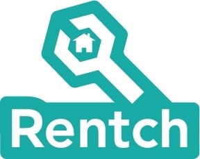 A logo with a magnifying glass and a house inside it, and the word "Rentch" below it.