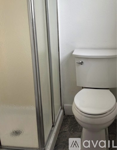 A white toilet sits next to a glass shower door in a bathroom.