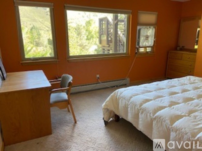 A bedroom with a bed, desk, and chair.