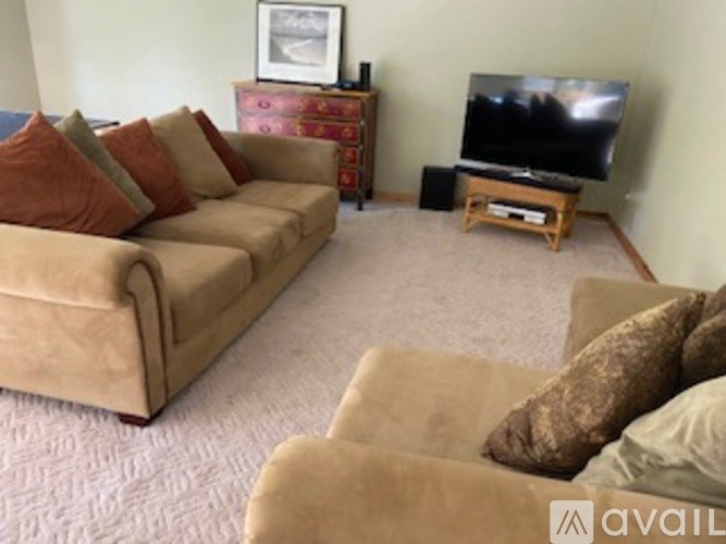 A living room with a tan couch, a television, and a picture frame on a cabinet.