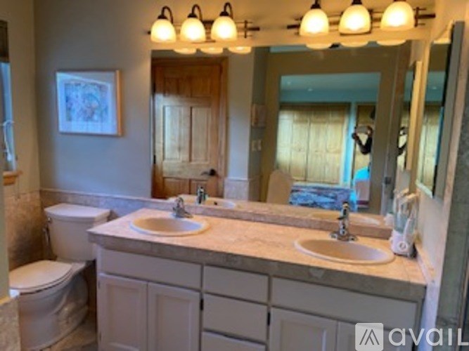 A bathroom with a toilet, sink, and mirror.