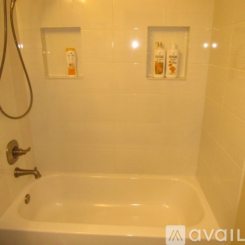 A white bathtub with a shower head and two bottles of body lotion on the wall.
