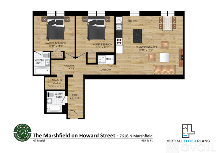A floor plan of a home with two bedrooms and a living area.
