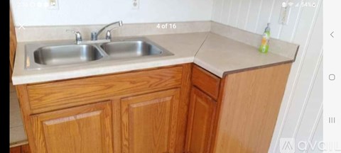 A kitchen with a sink and wooden cabinets.