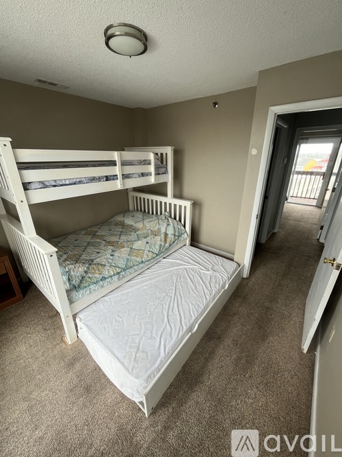 A bedroom with a bunk bed and a carpeted floor.