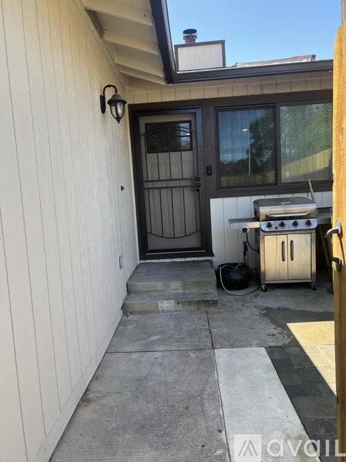 A small outdoor patio with a grill and a door.