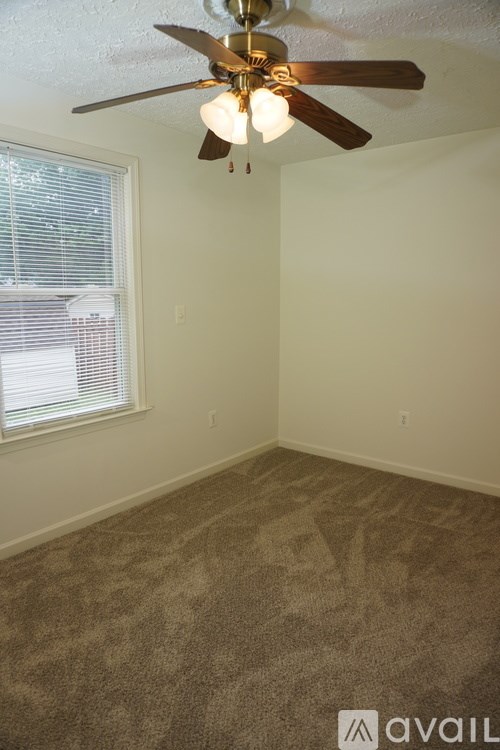A room with a ceiling fan and carpeted floor.