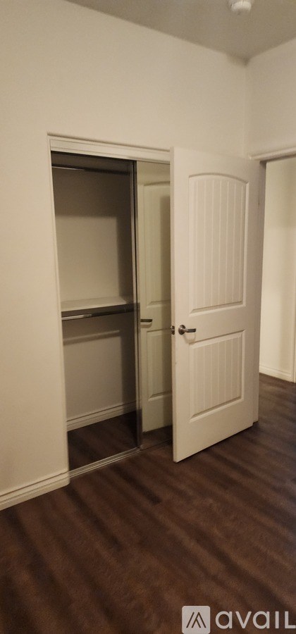 A white door is open to a small pantry.