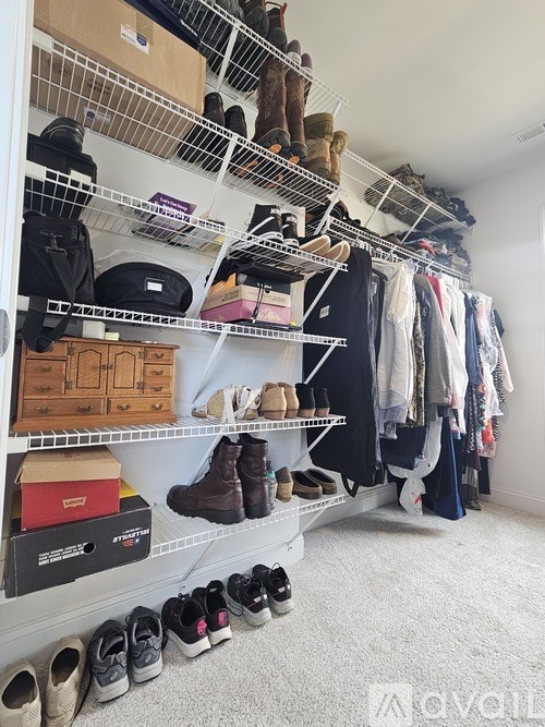A well-organized shoe closet with multiple shelves and neatly arranged shoes.