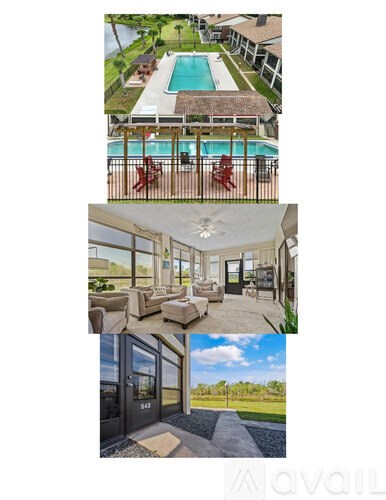 A QUILT image of a house with a pool and a living room.