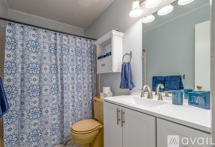 A bathroom with a toilet, sink, and shower curtain.