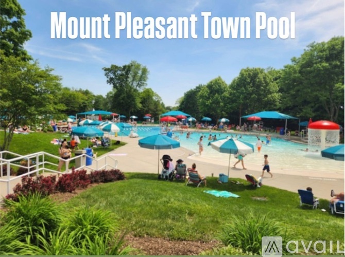 A sunny day at Mount Pleasant Town Pool with people enjoying the water and the shade.