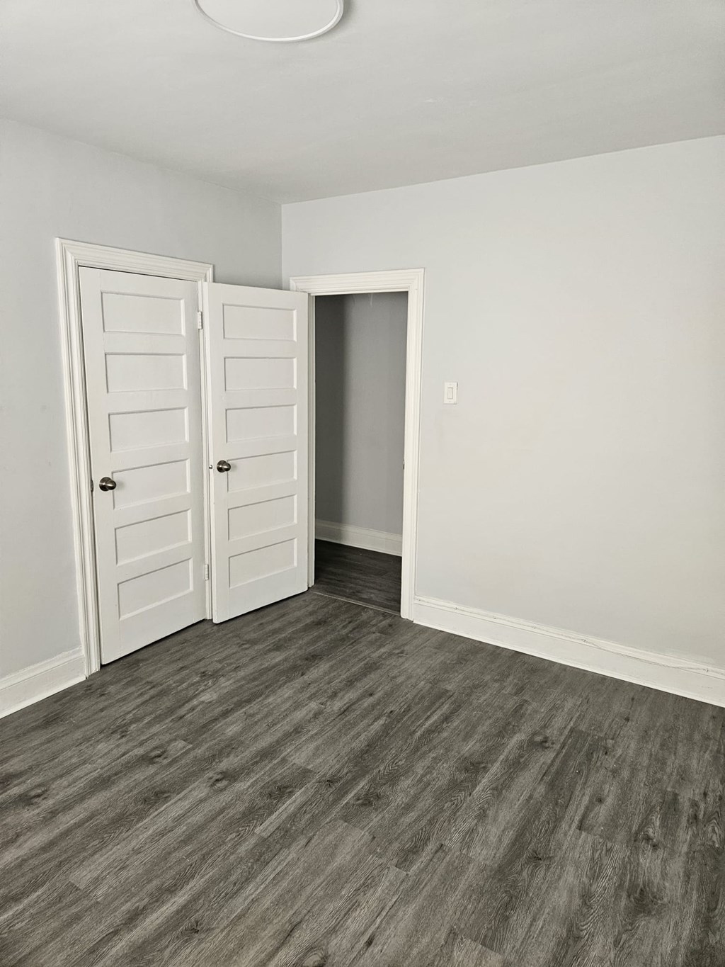 A room with a white door and a grey door.
