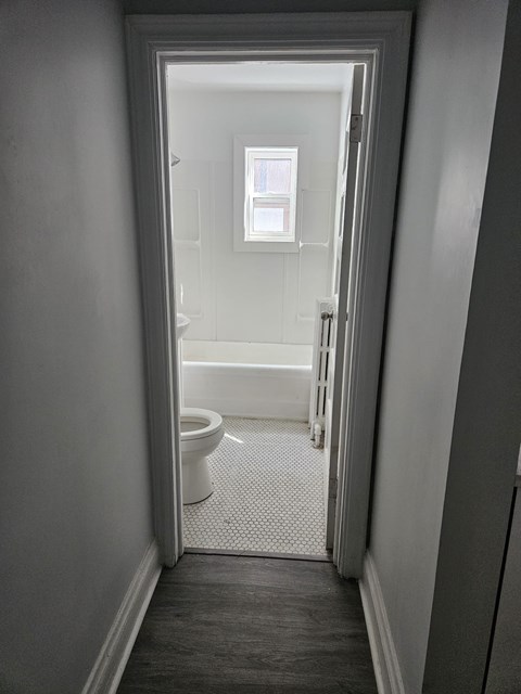 A bathroom with a toilet and a shower.