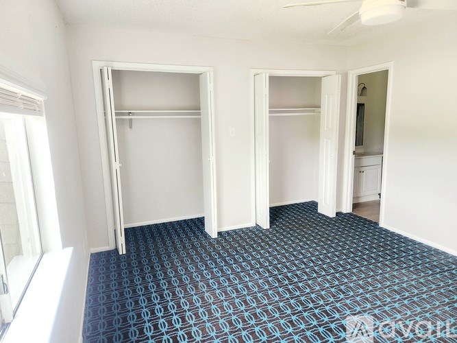 A room with two open closets and a carpeted floor.