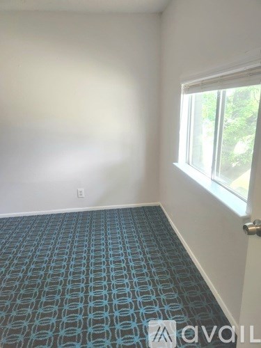 A room with a carpet and a window.