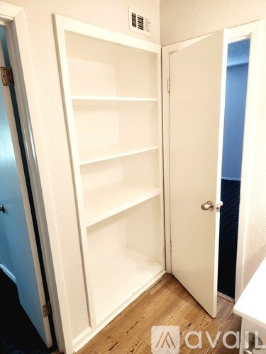 A white door with shelves is open.