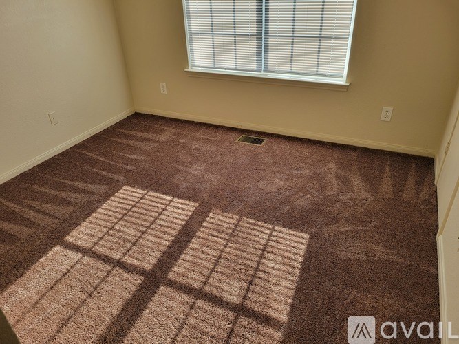 A room with a brown carpet and a window with blinds.