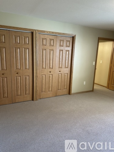 A room with three wooden doors and a carpeted floor.