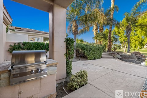 A backyard with a grill and palm trees.