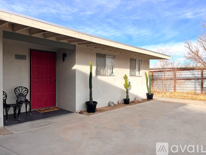 A house with a red door and a cactus in front.
