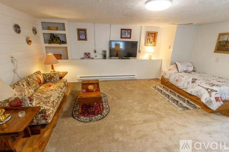 A living room with a couch, a bed, and a television.