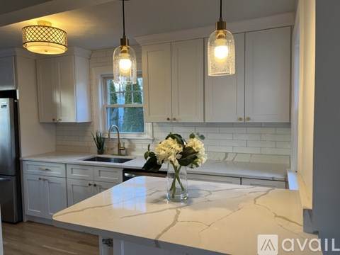 A kitchen with white cabinets and a marble countertop.