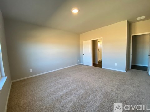 A room with beige carpet and walls, a door, and a window.