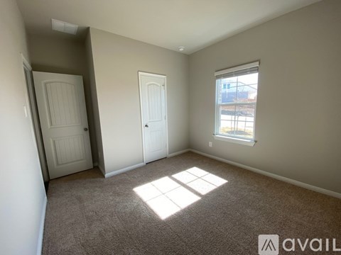 A room with two doors and a window with sunlight coming through.