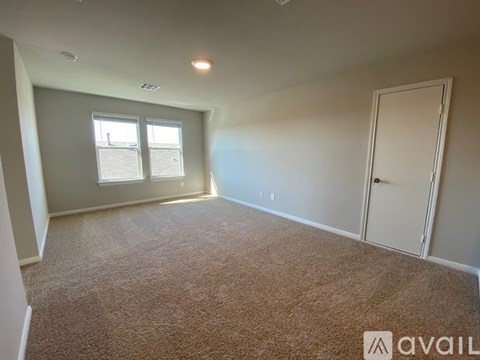 A room with carpeted floor, two windows, and a door.
