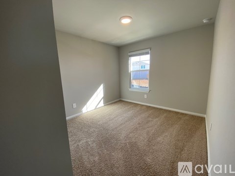 A room with a carpeted floor and a window.