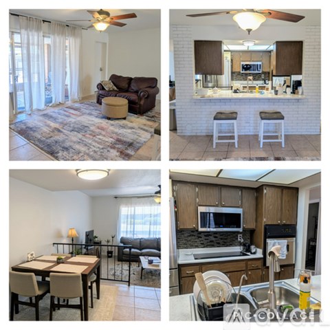 A collage of four images showing a living room, kitchen, dining area, and a kitchen counter with a sink.