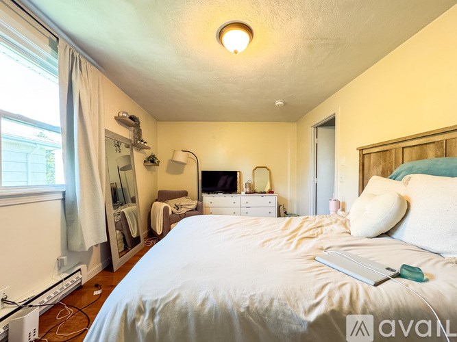 A bedroom with a bed, dresser, and mirror.