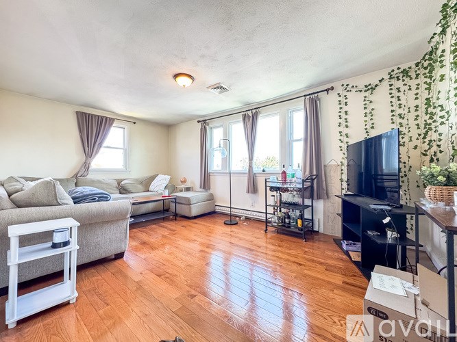 A living room with a wooden floor and a television.