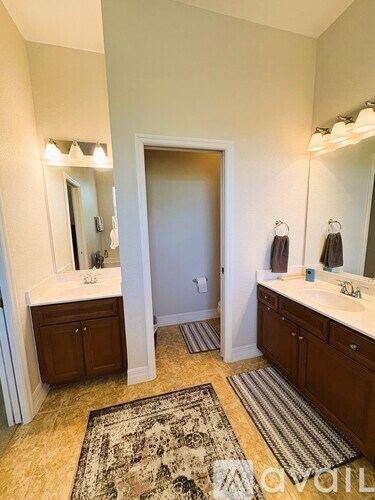 A bathroom with a rug on the floor and a sink with a mirror above it.