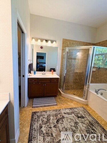 A bathroom with a glass shower door and a rug on the floor.
