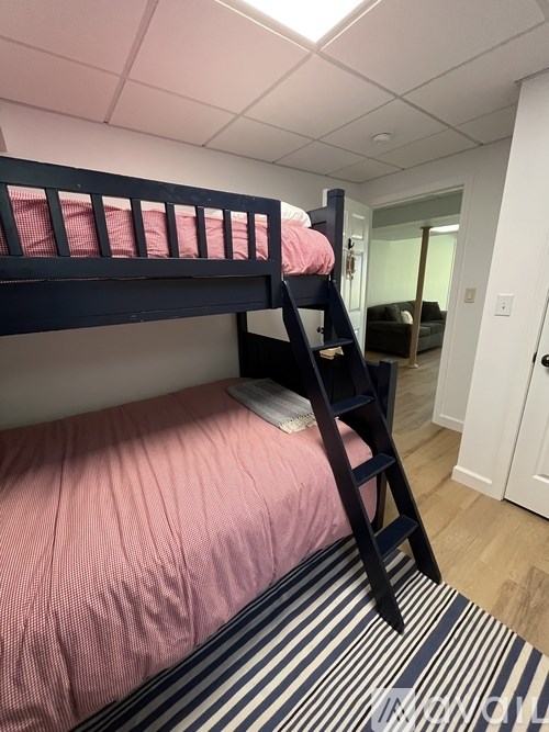 A bunk bed with a ladder is in a room with a striped rug.