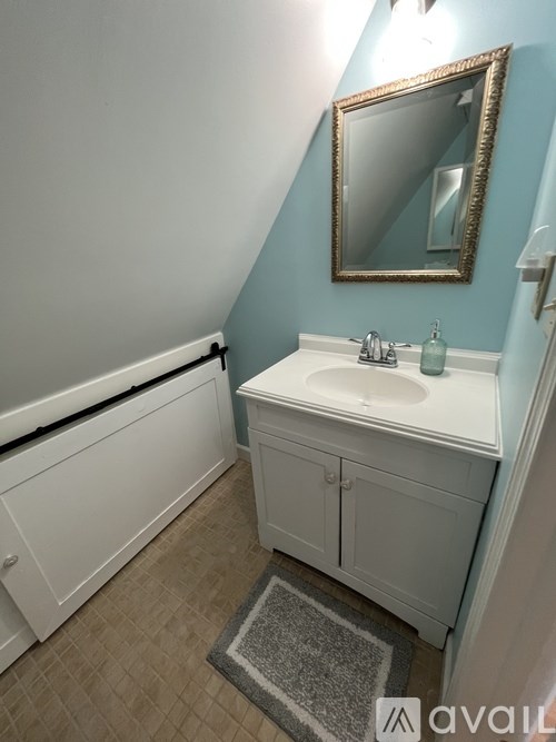 A bathroom with a white sink and a mirror above it.