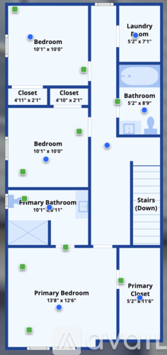 A floor plan of a house with two bedrooms, two bathrooms, a laundry room, and a primary bathroom.