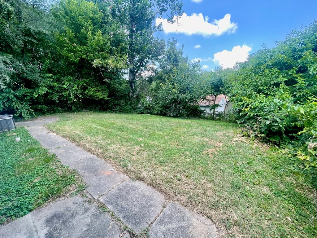 A backyard with a stone pathway and lush greenery.